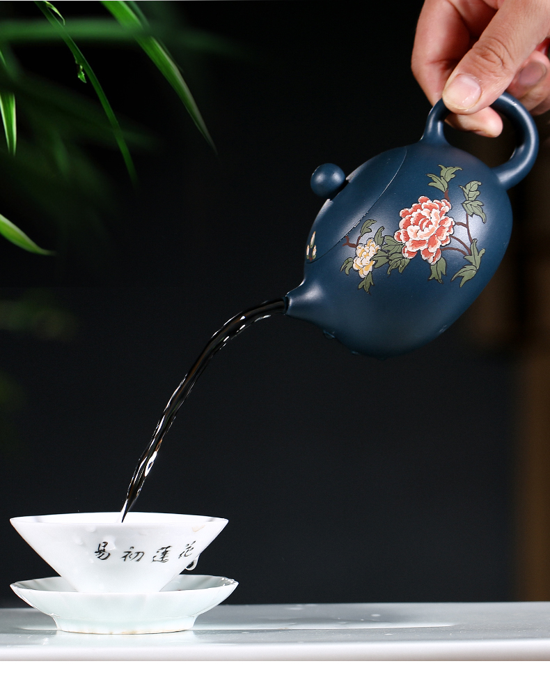 純手工紫砂壺，小巧琺瑯印花紫砂壺