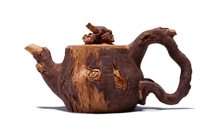 仿木外皮紫砂壺，創(chuàng)意木樁手工雕刻紫砂壺